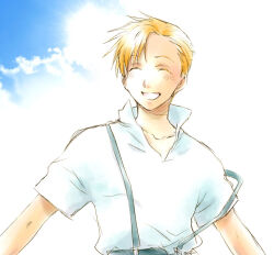 Rule 34 | 1boy, ^ ^, alphonse elric, backlighting, blonde hair, blue sky, closed eyes, cloud, cloudy sky, collarbone, collared shirt, colored eyelashes, day, facing viewer, fullmetal alchemist, happy, high collar, kuzuu, laughing, light blush, light rays, male focus, nature, outdoors, outstretched arms, pants, parted lips, shirt, shirt tucked in, short sleeves, sky, spread arms, sun, sunlight, suspenders, suspenders slip, swept bangs, upper body, v-neck, white shirt