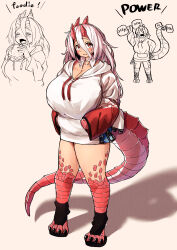 Rule 34 | 1girl, absurdres, arm up, blush, breasts, burger, cleavage, closed eyes, closed mouth, collarbone, commentary request, dragon girl, drawstring, exercising, fang, fangs, food, full body, hair between eyes, hands in pockets, highres, holding, holding food, hood, hoodie, horns, huge breasts, kagarimachi konatsu, large tail, long hair, long sleeves, looking at viewer, monster girl, multiple views, no pants, open mouth, orange eyes, original, prehensile tail, scales, shadow, shoes, simple background, standing, straight-on, tail, tareme, thick thighs, thighs, upper body, weightlifting, white background, white hair