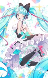 Rule 34 | 1girl, absurdly long hair, aqua eyes, aqua hair, boots, dress, gloves, hatsune miku, headphones, high heels, highres, knee boots, long hair, looking at viewer, looking back, magical mirai (vocaloid), magical mirai miku, magical mirai miku (2016), one eye closed, open mouth, pantyhose, saltycaramel, solo, twintails, twitter username, very long hair, vocaloid, white background