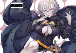 Rule 34 | 1girl, belt, black dress, black jacket, blue eyes, breasts, cleavage, cropped jacket, dress, fate/grand order, fate (series), glasses, grey hair, highres, hood, hooded jacket, jacket, jacques de molay (foreigner) (fate), large breasts, long sleeves, looking at viewer, open clothes, open jacket, sharekoube, short dress, short hair, smile, solo, sword, thighs, tongue, tongue out, weapon