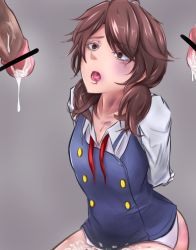 Rule 34 | 1girl, 2boys, after rape, arms behind back, bar censor, brown eyes, brown hair, bruise, censored, cum, cum on body, cum on lower body, cum pool, empty eyes, grey background, injury, low twintails, multiple boys, multiple penises, open mouth, penis, ryona, school uniform, simple background, solo focus, touhou, twintails, usami sumireko, usutominsutaa