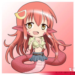Rule 34 | 10s, 1girl, :d, breasts, character name, chibi, cleavage, copyright name, full body, gradient background, hair ornament, hairclip, lamia, large breasts, long hair, miia (monster musume), monster girl, monster musume no iru nichijou, navel, open mouth, pointy ears, red hair, rikuto kemo, scales, shirt, skirt, slit pupils, smile, solo, tied shirt, yellow eyes
