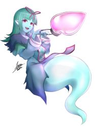 Rule 34 | 1girl, :d, airisubaka, blue (nanostar), blunt bangs, commentary, ghost, ghost (monster girl encyclopedia), ghost tail, green hair, heart, highres, holding, holding heart, jacket, lamp, long hair, long sleeves, monster girl encyclopedia, open mouth, original, pointy ears, red eyes, red ribbon, ribbon, simple background, smile, solo, teeth, upper teeth only, white background