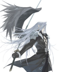 Rule 34 | 1boy, bangle, belt, belt buckle, black belt, black gloves, black jacket, black pants, black wings, bracelet, buckle, chest strap, cowboy shot, dododo, feathered wings, final fantasy, final fantasy vii, final fantasy vii rebirth, final fantasy vii remake, gloves, grey hair, hair over eyes, highres, holding, holding sword, holding weapon, jacket, jewelry, katana, long bangs, long hair, long sleeves, male focus, masamune (ff7), pants, parted bangs, parted lips, sephiroth, single wing, solo, sword, weapon, white background, wings