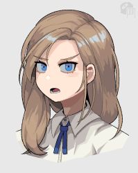 Rule 34 | 1girl, blue eyes, blue ribbon, brown hair, calponpon, collared shirt, grey background, long hair, looking at viewer, open mouth, original, portrait, ribbon, shadow, shirt, simple background, solo, white shirt