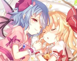 Rule 34 | 2girls, :o, ;3, ascot, bat wings, blonde hair, bow, brooch, fang, flandre scarlet, hair ribbon, half-closed eye, holding hands, jewelry, long hair, lying, multiple girls, no headwear, on side, one eye closed, paragasu (parags112), petals, pink ascot, pink bow, pink ribbon, puffy short sleeves, puffy sleeves, red eyes, red ribbon, remilia scarlet, ribbon, short sleeves, siblings, side ponytail, sisters, sleeping, smile, touhou, uneven eyes, upper body, wings, wrist cuffs, yellow ascot