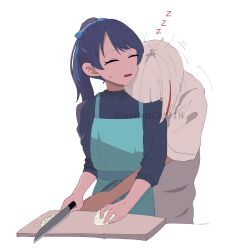 Rule 34 | 2girls, alternate hairstyle, apron, blue hair, blue sweater, closed eyes, closed mouth, dollchestra, facing another, furrowed brow, green apron, highres, holding, holding knife, hug, hug from behind, knife, link! like! love live!, long hair, long sleeves, love live!, matsui32018, multicolored hair, multiple girls, murano sayaka, one eye closed, ponytail, red hair, shirt, sidelocks, sleeping, sleeping on person, sleeping upright, streaked hair, sweater, twitter username, upper body, virtual youtuber, watermark, white background, white hair, white shirt, yugiri tsuzuri, yuri, zzz
