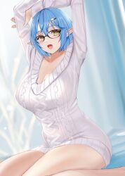Rule 34 | 1girl, :d, ahoge, arms up, blue hair, breasts, cleavage, colored tips, glasses, grey sweater, hair ornament, hairpin, heart, heart ahoge, highres, hololive, kusaka souji, large breasts, long hair, looking at viewer, multicolored hair, open mouth, pointy ears, smile, solo, streaked hair, stretching, sweater, very long hair, virtual youtuber, yellow eyes, yukihana lamy