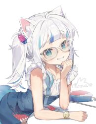 Rule 34 | 1girl, ahoge, animal ear fluff, animal ears, artist name, bare arms, bespectacled, blue eyes, blue hair, blunt bangs, cat ears, commentary, cube hair ornament, gawr gura, gawr gura (casual), glasses, grin, hair ornament, head rest, highres, hololive, hololive english, jamama, looking at viewer, medium hair, multicolored hair, shirt, side ponytail, sideways glance, signature, sleeveless, sleeveless shirt, smile, solo, streaked hair, suspenders, symbol-only commentary, two-tone hair, upper body, virtual youtuber, watch, white-framed eyewear, white background, white hair, white shirt, wristwatch