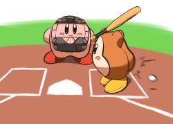 Rule 34 | ball, baseball, baseball bat, blush stickers, catcher (baseball), colored skin, commentary request, ga-chan24, kirby, kirby (series), looking at viewer, motion blur, nintendo, no humans, pink skin, smile, solid oval eyes, waddle dee