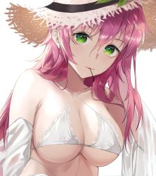 Rule 34 | 1girl, azur lane, bare shoulders, bikini, blush, breasts, cleavage, close-up, commentary request, criss-cross halter, green eyes, hair between eyes, halterneck, hat, highres, large breasts, long hair, looking at viewer, mouth hold, pink hair, solo, straw hat, sun hat, surcouf (azur lane), surcouf (loisirs balneaires) (azur lane), swimsuit, very long hair, white bikini, yamiiv