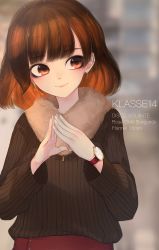 Rule 34 | 1girl, bad id, bad twitter id, blurry, blurry background, brown eyes, brown hair, brown sweater, closed mouth, commentary request, earrings, english text, fur collar, hands up, head tilt, highres, jewelry, kashu (hizake), klasse14, long sleeves, looking away, medium hair, nail polish, original, red skirt, ribbed sweater, shirt tucked in, sideways glance, skirt, smile, solo, standing, steepled fingers, sweater, watch, white nails, wristwatch