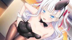 Rule 34 | 1girl, aikotoba -silver snow sister-, animal ears, any (trueblue), bare shoulders, black bow, black bowtie, black leotard, blue eyes, blush, bow, bowtie, breasts, detached collar, fake animal ears, fishnet pantyhose, fishnets, game cg, hair ribbon, hoshitsugu shirone, indoors, leaning forward, leotard, long hair, looking at viewer, non-web source, open mouth, pantyhose, playboy bunny, rabbit ears, red ribbon, ribbon, small breasts, smile, solo, strapless, strapless leotard, thigh gap, two side up, white hair, wrist cuffs