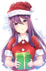 Rule 34 | 1girl, absurdres, box, christmas, commentary, commission, doki doki literature club, english commentary, eyes visible through hair, fur-trimmed headwear, fur-trimmed sleeves, fur trim, gift, gift box, hair ornament, hairclip, hat, head tilt, heart, highres, light blush, long hair, looking at viewer, purple eyes, purple hair, santa hat, short sleeves, sidelocks, simple background, snow, snowflake background, solo, tsukimaru, upper body, white background, yuri (doki doki literature club)