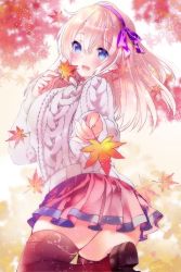 Rule 34 | 1girl, alternate costume, autumn, autumn leaves, azur lane, blue eyes, blush, breasts, commentary request, hairband, leander (azur lane), long hair, looking at viewer, moo (umineko), open mouth, pink hair, pleated skirt, purple hairband, skirt, smile, solo, sweater, thighhighs