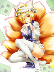 Rule 34 | 1girl, blonde hair, blue dress, censored, clothes between thighs, convenient censoring, creeper, dress, female focus, fox tail, fukunaga kazuhiro, hat, hat with ears, highres, lips, minecraft, multicolored clothes, multicolored dress, multiple tails, no panties, short hair, sitting, smile, solo, spell card, squatting, tail, thighhighs, touhou, white dress, white thighhighs, yakumo ran, yellow eyes, zettai ryouiki