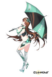 Rule 34 | 1girl, :t, ass, bare shoulders, boots, breasts, brown hair, choker, cleavage, closers, crop top, cropped vest, elbow gloves, full body, gloves, high heel boots, high heels, highres, holding, holding umbrella, large breasts, long hair, looking at viewer, looking back, micro shorts, midriff, mirae (closers), non-web source, official art, open clothes, pout, race queen, red eyes, shorts, sleeveless, solo, thigh boots, thighhighs, thighs, umbrella, very long hair, vest