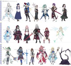 Rule 34 | 6+girls, absurdres, ahoge, ankle boots, baffu, black hair, blonde hair, blue eyes, blue hair, blue shorts, boots, breasts, brown footwear, brown hair, character name, character sheet, concept art, dark blue hair, dress, fiana (isekai juurin inbina doukutsu no sono oku de), flat chest, furneris (isekai juurin inbina doukutsu no sono oku de), gloves, green eyes, green hair, grey eyes, grey hair, habit, hat, height chart, highres, holding, holding staff, holding sword, holding weapon, horns, isekai juurin inbina doukutsu no sono oku de, large breasts, long hair, looking at viewer, low twintails, low wings, maid, maid headdress, multiple girls, neck ribbon, nun, pants, pantyhose, pink hair, purple hair, red eyes, red hair, red ribbon, ribbon, shoes, shorts, slime (substance), staff, standing, sword, thighhighs, titania (isekai juurin inbina doukutsu no sono oku de), twintails, very long hair, weapon, white background, white dress, white footwear, white gloves, white hair, white legwear, wings, witch hat, yellow eyes