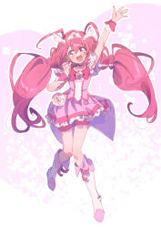 Rule 34 | 1girl, angel wings, boots, bow, bowtie, clenched hand, commentary, cure happy, eyelashes, footwear ribbon, frilled skirt, frilled sleeves, frills, full body, head wings, heart, heart background, hoshizora miyuki, knee boots, light blush, long hair, looking at viewer, low twintails, magical girl, miniskirt, open mouth, outline, outstretched arm, paru rari, pink background, pink bow, pink bowtie, pink eyes, pink hair, pink ribbon, pink shorts, pink skirt, pink vest, pleated skirt, precure, ribbon, shirt, short shorts, short sleeves, shorts, shorts under skirt, skirt, smile, smile precure!, solo, tiara, twintails, twitter username, two-tone background, very long hair, vest, white background, white bag, white footwear, white headwear, white outline, white shirt, white wings, white wrist cuffs, wings, wrist cuffs