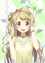 Rule 34 | 1girl, artist name, artist request, bare shoulders, blush, bow, breasts, brown eyes, brown hair, brown shirt, choker, collarbone, female focus, green choker, grey hair, holding, holding pen, light brown hair, light brown shirt, long hair, looking at viewer, love live!, love live! school idol project, minami kotori, moka-chan (minpu 0711), parted lips, pen, red bow, shirt, small breasts, smile, solo, watch