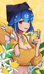 Rule 34 | 1girl, absurdres, among us, artist name, bad id, bad twitter id, bao (vtuber), bao (vtuber) (5th costume), beanie, black hat, blue hair, blue nails, bow, breasts, choker, cleavage, crewmate (among us), cropped shirt, cup, food, fruit, hair ornament, hat, highres, holding, holding cup, indie virtual youtuber, lemon, lemon slice, lemonade, long sleeves, looking to the side, medium breasts, midriff, multicolored hair, navel, open mouth, orange hair, orange shirt, red eyes, shirt, short hair, sleeves past wrists, smile, solo, streaked hair, the ensphere, virtual youtuber, whale hair ornament, white bow, white choker