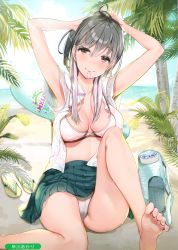 Rule 34 | 1girl, absurdres, armpits, barefoot, bikini, blouse, blush, breasts, breasts apart, collared shirt, day, eyelashes, feet, hair between eyes, halterneck, hayakawa akari, highres, holding, holding own hair, lotion, open clothes, open shirt, outdoors, palm tree, plant, shirt, sitting, solo, sunscreen, swimsuit, tree, water drop, wet, wet clothes, wet shirt, white shirt