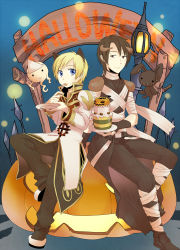 Rule 34 | 2boys, animal ears, armor, assassin (ragnarok online), bandages, black cape, black coat, black footwear, black pants, black shirt, blonde hair, blue eyes, brown eyes, brown hair, brown pants, cake, cape, cat ears, closed mouth, coat, commentary request, eating, food, fork, full body, ghost, halloween, high priest (ragnarok online), holding, holding fork, holding plate, jack-o&#039;-lantern, lamppost, layered clothes, long sleeves, looking at another, looking to the side, lude (ragnarok online), male focus, multiple boys, pants, pauldrons, plate, pumpkin, ragnarok online, sasai saki, shirt, shoes, short hair, shoulder armor, sleeveless, sleeveless shirt, smile, stuffed animal, stuffed rabbit, stuffed toy, triangular headpiece, waist cape, white coat