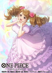 Rule 34 | 1girl, bandai, breasts, bridal veil, bride, brown eyes, brown hair, charlotte pudding, copyright name, dress, drill hair, embarrassed, floating hair, flower, flower on head, happy, large breasts, lips, long hair, looking at viewer, official art, one piece, open mouth, shiny skin, simple background, twintails, veil, very long hair, wedding dress, wide hips
