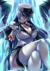 Rule 34 | 1girl, akame ga kill!, alcohol, bad id, bad pixiv id, blue eyes, blue hair, boots, breasts, choker, cleavage, closed mouth, commentary, crossed legs, cup, drink, english commentary, esdeath, gainoob, hair between eyes, hand on own cheek, hand on own face, hat, holding, holding cup, ice, large breasts, long hair, looking at viewer, military, military uniform, moon, night, night sky, peaked cap, sky, smile, solo, thigh boots, thighhighs, uniform, very long hair, wine