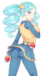 Rule 34 | 10s, 1girl, ace trainer (pokemon), ass, ayamoto, blue hair, breasts, creatures (company), drill hair, game freak, holding, holding poke ball, large breasts, looking at viewer, looking back, nintendo, npc trainer, pantyhose, poke ball, pokemon, pokemon bw, pokemon bw2, purple eyes, simple background, skin tight, solo, waist poke ball, white background