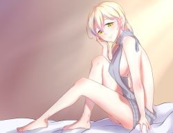 Rule 34 | 1girl, backless dress, backless outfit, bare back, bare shoulders, bed sheet, blonde hair, breasts, dress, full body, green eyes, grey sweater, hair between eyes, halterneck, hand in own hair, indoors, kagami (openxlock), large breasts, long hair, looking at viewer, meme attire, naked sweater, original, parted lips, ribbed sweater, sideboob, sitting, smile, solo, sunlight, sweater, sweater dress, thighs, turtleneck, turtleneck sweater, virgin killer sweater