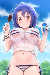 Rule 34 | 1girl, antenna hair, bikini, bikini under clothes, blush, breasts, brown eyes, cai geng, can, commentary request, drink can, food, heart o-ring, highres, idolmaster, idolmaster million live!, jewelry, large breasts, long hair, looking at viewer, meat, navel, necklace, purple hair, see-through, shirt, side-tie bikini bottom, skewer, soda can, solo, striped bikini, striped clothes, sweat, swimsuit, swimsuit under clothes, tied shirt, toyokawa fuka, wet