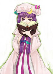 Rule 34 | 1girl, book, female focus, hair ribbon, hat, patchouli knowledge, purple eyes, purple hair, ribbon, shikai, shikai (iesiki 56), solo, touhou