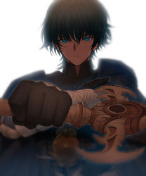 Rule 34 | 1boy, armor, black gloves, blue eyes, byleth (fire emblem), byleth (male) (fire emblem), fire emblem, fire emblem: three houses, gloves, green hair, heroes relic (fire emblem), highres, holding, holding sword, holding weapon, male focus, nintendo, none (kameko227), portrait, solo, sword, sword of the creator, weapon, white background