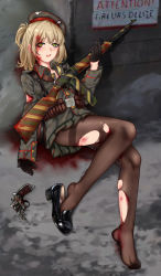 Rule 34 | 1girl, absurdres, artist request, blonde hair, blood, character request, cuts, feet, green eyes, gun, hat, highres, injury, long hair, pantyhose, shoes, soldier, solo, torn clothes, torn pantyhose, weapon