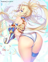 Rule 34 | 1girl, arched back, ass, back, bare shoulders, bikini, blonde hair, blue bikini, blue eyes, blush, bradamante (fate), bradamante (third ascension) (fate), braid, breasts, curvy, elbow gloves, energy barrier, energy shield, fate/grand order, fate (series), french braid, gloves, hair ornament, hip focus, hong (white spider), huge ass, large breasts, long hair, looking at viewer, looking back, making-of available, solo, swimsuit, thick thighs, thigh strap, thighs, twintails, two-tone bikini, very long hair, white bikini, wide hips