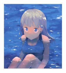 Rule 34 | 1girl, absurdres, bare shoulders, blue eyes, blue one-piece swimsuit, grey hair, hair ornament, highres, long hair, mysoda, one-piece swimsuit, open mouth, original, partially submerged, school swimsuit, signature, solo, swimsuit, water