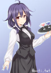 Rule 34 | 10s, 1girl, alternate costume, anti (untea9), blush, cocktail glass, cup, dress shirt, drink, drinking glass, hair flaps, highres, kantai collection, low twintails, purple hair, red eyes, shirt, sidelocks, simple background, skirt, smile, solo, taigei (kancolle), tray, twintails, twitter username, vest, waitress