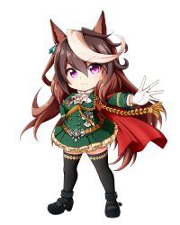 Rule 34 | &gt;:(, 1girl, animal ears, black footwear, black thighhighs, breasts, brown hair, closed mouth, frilled skirt, frills, full body, gloves, green jacket, green skirt, hair between eyes, highres, horse ears, horse girl, horse tail, jacket, kuena, long hair, long sleeves, multicolored hair, outstretched arm, pleated skirt, purple eyes, shoes, simple background, skirt, small breasts, solo, standing, symboli rudolf (umamusume), tail, thighhighs, two-tone hair, umamusume, v-shaped eyebrows, very long hair, white background, white gloves, white hair, white neckwear
