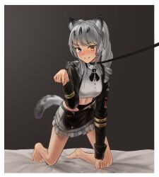 Rule 34 | animal ears, bare legs, black skirt, black sleeves, blue eyes, collar, cross ornament, crying, crying with eyes open, drooling, fang, fang out, frilled skirt, frills, grey hair, heterochromia, highres, karenina: ember (deed of snow leopard) (punishing: gray raven), karenina (punishing: gray raven), koide 7285, leash, leopard ears, leopard tail, lingerie, long hair, long sleeves, midriff, navel, orange eyes, paw pose, punishing: gray raven, shirt, sidelocks, skirt, tail, tears, underwear, white shirt