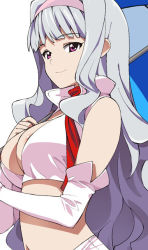 Rule 34 | 1girl, a1 (initial-g), areola slip, breasts, cleavage, detached sleeves, hairband, idolmaster, idolmaster (classic), large breasts, long hair, midriff, navel, race queen, red eyes, shijou takane, silver hair, simple background, smile, solo, umbrella, upper body, very long hair