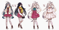 Rule 34 | 10s, 3girls, ahoge, alternate costume, asashimo (kancolle), black hair, boots, bow, bowtie, brown eyes, capelet, character name, coat, dress, film grain, full body, grey hair, hachimaki, hair over one eye, hair ribbon, hairband, hands in pockets, hayashimo (kancolle), headband, highres, jacket, kantai collection, kiyoshimo (kancolle), leggings, long hair, looking at viewer, mkiiiiii, multiple girls, pantyhose, paper background, ponytail, purple eyes, ribbon, scarf, school uniform, smile, standing, thigh strap, twintails, very long hair, wavy hair