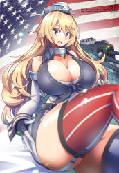 Rule 34 | 1girl, american flag, american flag legwear, artist name, asymmetrical legwear, blonde hair, blue eyes, blush, breasts, cleavage, collarbone, front-tie top, hair between eyes, highres, iowa (kancolle), kantai collection, large breasts, long hair, machinery, mismatched legwear, open mouth, rigging, signature, smile, solo, thighhighs, turret, umigarasu (kitsune1963), watermark, web address