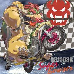Rule 34 | arm up, bowser, bracelet, checkered flag, claws, clenched hand, flag, full body, jewelry, mario (series), mario kart, mario kart wii, masa (bowser), monster, motor vehicle, motorcycle, nintendo, no humans, open mouth, red eyes, red hair, sharp teeth, spiked bracelet, spikes, super mario bros. 1, teeth, thick eyebrows, vehicle