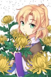 Rule 34 | 1girl, arm warmers, black shirt, blonde hair, brown jacket, chrysanthemum, closed mouth, commentary request, expressionless, flower, green eyes, hair between eyes, half updo, holding, holding flower, isaki (gomi), jacket, looking at viewer, medium hair, mizuhashi parsee, multicolored clothes, multicolored jacket, pointy ears, scarf, shirt, short ponytail, short sleeves, solo, touhou, upper body, white background, white scarf, yellow flower