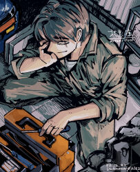 Rule 34 | 1boy, artist name, black eyes, character name, closed mouth, commentary request, dated, full body, grey hair, grey jumpsuit, hand on own cheek, hand on own face, jumpsuit, kitami jun, looking at viewer, male focus, medium bangs, scar, scar across eye, screwdriver, short hair, sleeves rolled up, smile, solo, squatting, toolbox, unknown03162, wangan midnight