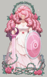 Rule 34 | 1girl, absurdres, bare shoulders, breasts, cleavage, clothing cutout, collarbone, dress, drill hair, closed eyes, flower, gem, highres, large breasts, long hair, navel cutout, oxlxlo, pink hair, rose, rose quartz universe, shield, simple background, smile, solo, star cutout, steven universe, sword, thorns, very long hair, weapon, white background, white dress