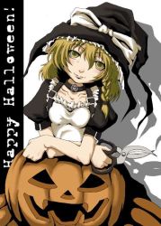 Rule 34 | 1girl, blonde hair, breasts, female focus, halloween, hat, kirisame marisa, pumpkin, sai (monochronique), solo, touhou, upper body, witch, witch hat, yellow eyes