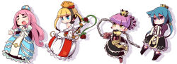 Rule 34 | 4girls, 7th dragon, 7th dragon (series), :o, alusha (7th dragon), black dress, black footwear, blonde hair, blue dress, blue eyes, blue hair, blush, boots, braid, brown eyes, brown flower, brown footwear, chibi, closed eyes, crown, dress, drop shadow, elbow gloves, flower, frilled dress, frills, gauntlets, gloves, grin, hair between eyes, hair flower, hair ornament, hat, juliet sleeves, knee boots, long hair, long sleeves, low twintails, maron (7th dragon), mini crown, mini hat, momomeno (7th dragon), multicolored clothes, multicolored dress, multiple girls, naga u, hugging object, open mouth, outstretched arm, parted lips, pink hair, pink skirt, princess (7th dragon), puffy sleeves, purple shirt, red eyes, red flower, red rose, rose, shirt, short eyebrows, skirt, smile, sora (7th dragon), stuffed animal, stuffed rabbit, stuffed toy, thick eyebrows, twintails, v-shaped eyebrows, very long hair, white background, white gloves