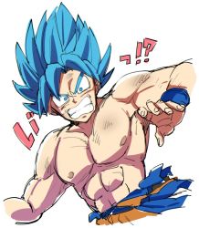 Rule 34 | !?, 1boy, arm at side, bad id, bad twitter id, bidarian, blue eyes, blue hair, clenched teeth, close-up, dirty, dirty face, dragon ball, dragon ball super, dragon ball super broly, dragonball z, dutch angle, fingernails, looking at viewer, male focus, nervous, nipples, outstretched arm, short hair, simple background, solo, son goku, spiked hair, super saiyan, super saiyan blue, sweatdrop, teeth, topless male, translation request, upper body, white background